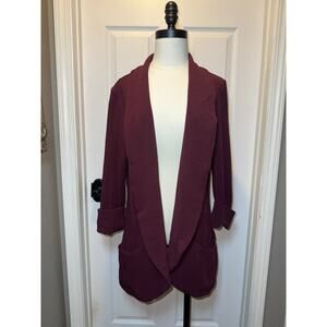 French Mauve Anthro 2XL Melanie Tunic Burgundy Knit Blazer Crepe Open Pockets